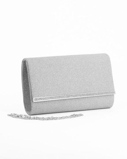 Immagine di DIVAS - Pochette argento glitterata con filo di strass sulla patta, tracolla removibile