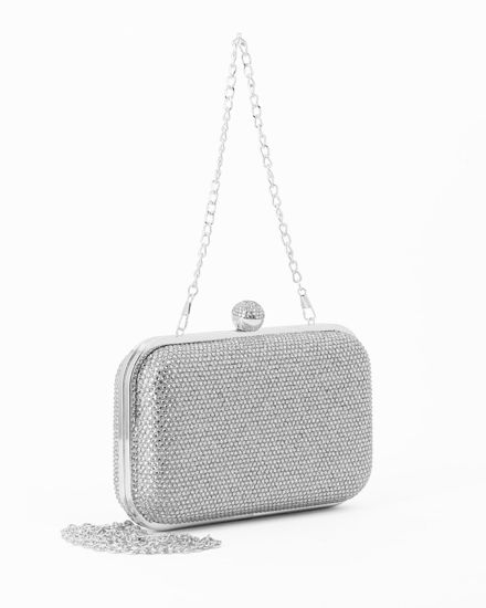 Immagine di DIVAS - Clutch argento con strass, pomello  strass e tracolla removibile