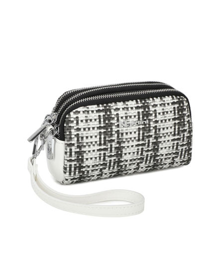Immagine di NARDINI - Pochette bianca e nera effetto intreccio con tre scomparti e laccio al polso removibile