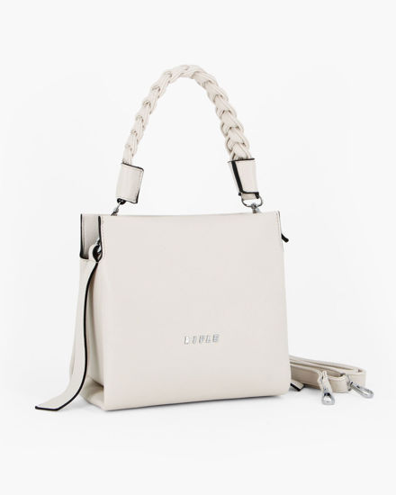 Immagine di RIFLE - Borsa a mano beige con manico intrecciato e tre scomparti principali, tracolla removibile