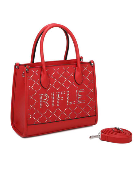 Immagine di RIFLE - Borsa due manici rossa con tasca posteriore e strass, tracolla removibile