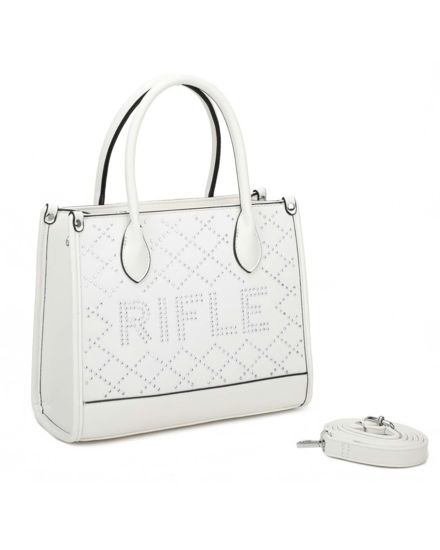 Immagine di RIFLE - Borsa due manici bianca con tasca posteriore e strass, tracolla removibile