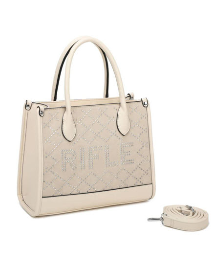 Immagine di RIFLE - Borsa due manici beige con tasca posteriore e strass, tracolla removibile