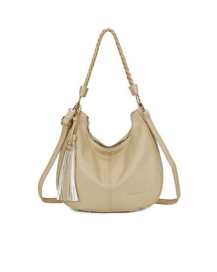 Immagine di ENRICO COVERI - Borsa a spalla taupe con manico intrecciato e pennacchio a frange removibile