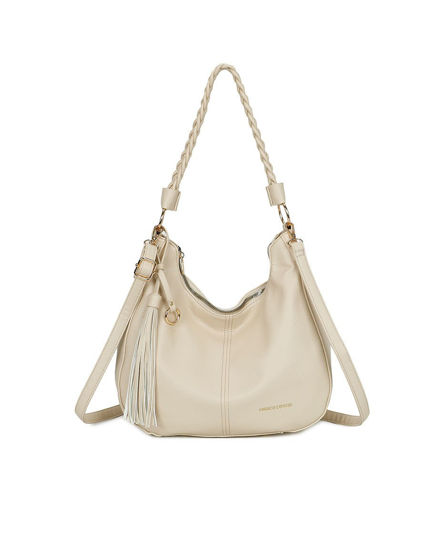 Immagine di ENRICO COVERI - Borsa a spalla beige con manico intrecciato e pennacchio a frange removibile
