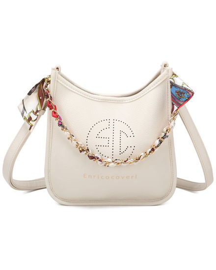Immagine di ENRICO COVERI - Borsa a spalla panna con logo frontale e manico a catena con foulard, tracolla removibile
