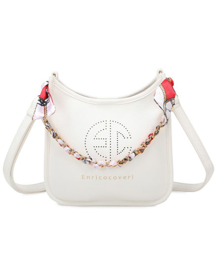 Immagine di ENRICO COVERI - Borsa a spalla bianca con logo frontale e manico a catena con foulard, tracolla removibile
