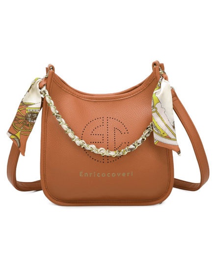 Immagine di ENRICO COVERI - Borsa a spalla cuoio con logo frontale e manico a catena con foulard, tracolla removibile