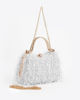 Immagine di DIVAS - Clutch bianca con piume e manici in strass, tracolla removibile