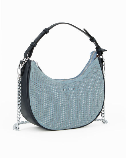 Immagine di RIFLE - Borsa mezzaluna blu jeans con borchie, catenina removibile