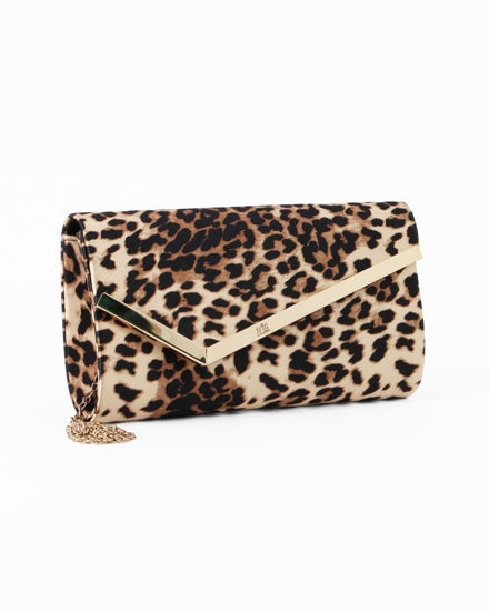 Immagine di MISS GLOBO - Pochette maculata in raso con patta obliqua e finitura in metallo