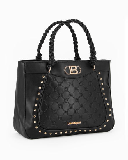 Immagine di LAURA BIAGIOTTI - Borsa nera con manici intrecciati e parte frontale logata