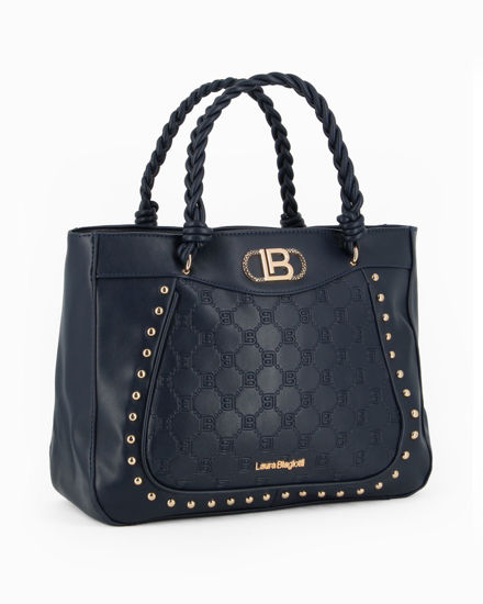 Immagine di LAURA BIAGIOTTI - Borsa blu con manici intrecciati e parte frontale logata