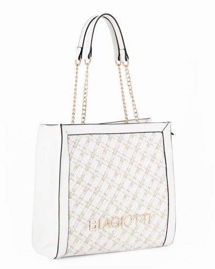 Immagine di LAURA BIAGIOTTI - Borsa bianca a due manici con logo e parte frontale in tessuto
