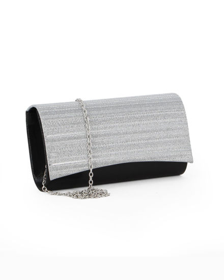Immagine di MISS GLOBO - Pochette in raso nera con patta glitter argento effetto plissettato,  tracolla removibile