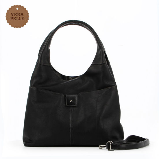 Immagine di DIVAS -BORSA SACCA NERA IN VERA PELLE CON TASCA FRONTALE E TRACOLLA REMOVIBILE, MADE IN ITALY