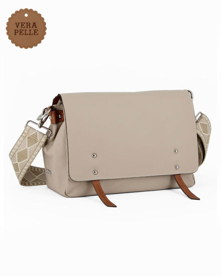 Immagine di DIVAS - Borsa taupe VERA PELLE con patta e tracolla nastro -MADE IN ITALY