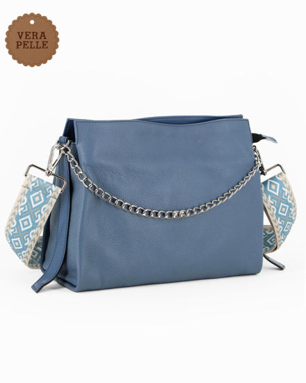 Immagine di DIVAS - Borsa sacca celeste  VERA PELLE con tracolla nastro  - MADE IN ITALY