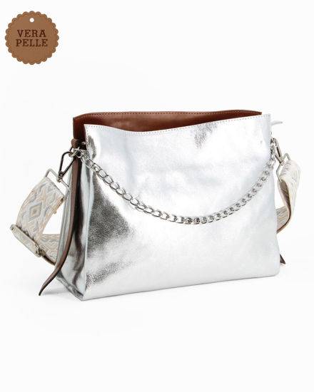 Immagine di DIVAS - Borsa sacca argento in VERA PELLE con tracolla nastro - MADE IN ITALY
