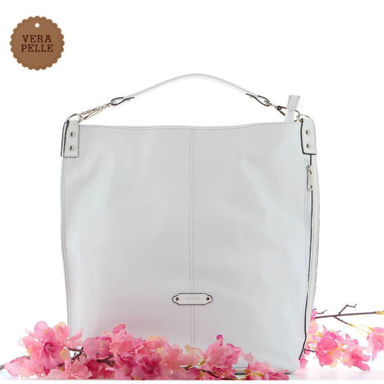 Immagine di DIVAS - Borsa a sacca bianca in VERA PELLE con tasca zip laterale e posteriore, MADE IN ITALY