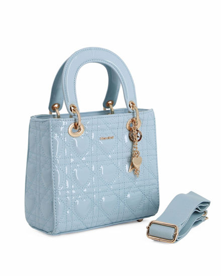 Immagine di NARDINI - Borsa piccola celeste due manici effetto vernice trapuntata con cuori e ciondoli, tracolla removibile