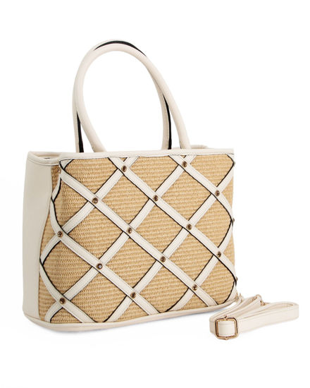 Immagine di RIFLE - Borsa due manici beige con parte frontale in paglia, tracolla removibile