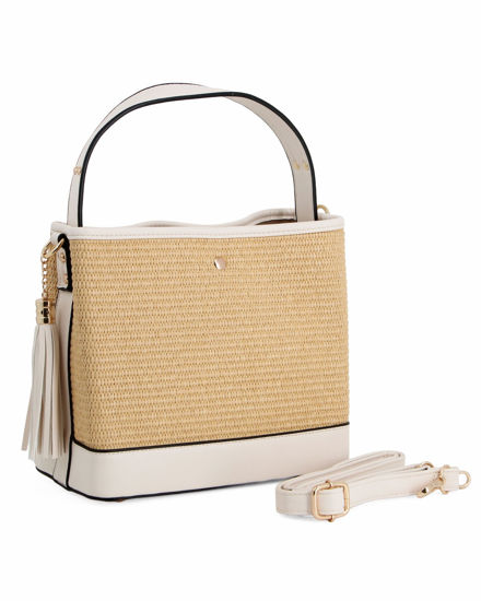 Immagine di RIFLE - Borsa a mano beige in paglia con tre scomparti interni e ciondolo a frange, tracolla removibile