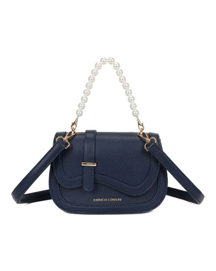 Immagine di ENRICO COVERI - Minibag blu con manico in perle e patta con bordo ondulato, tracolla removibile