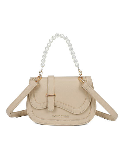 Immagine di ENRICO COVERI - Minibag beige con manico in perle e patta con bordo ondulato, tracolla removibile