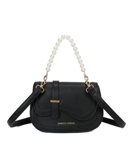 Immagine di ENRICO COVERI - Minibag nera con manico in perle e patta con bordo ondulato, tracolla removibile