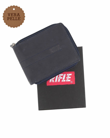 Immagine di RIFLE - Portafoglio blu in VERA PELLE con chiusura a zip