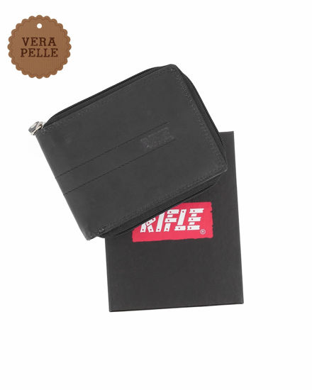 Immagine di RIFLE - Portafoglio nero in VERA PELLE con chiusura a zip