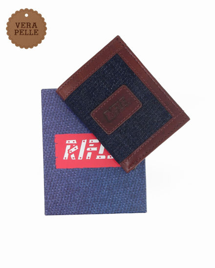 Immagine di RIFLE - Portafoglio jeans e cognac da uomo in VERA PELLE con taschino posteriore