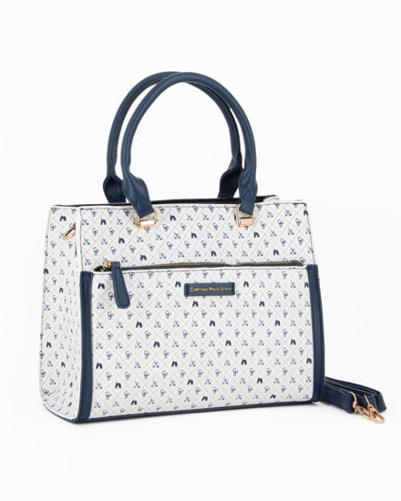 Immagine di CORTINA POLO STYLE - Borsa due manici bianca/blu loggata con tasca frontale, tracolla removibile