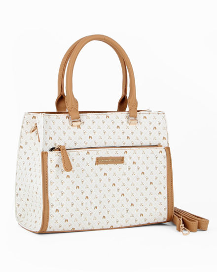Immagine di CORTINA POLO STYLE - Borsa due manici bianca/cuoio loggata con tasca frontale, tracolla removibile
