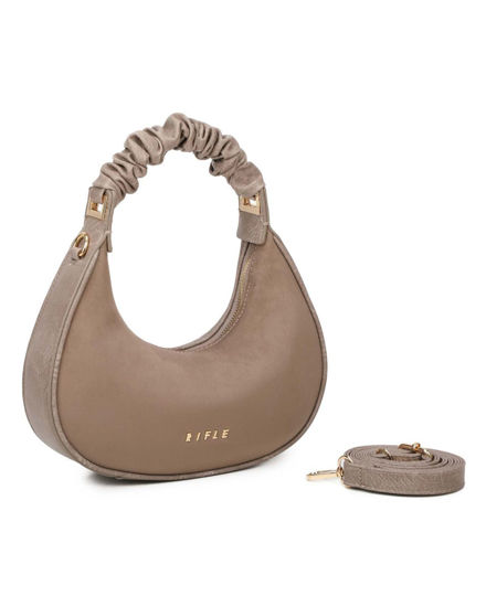 Immagine di RIFLE - Borsa a spalla taupe con manico arricciato e parte frontale scamosciata, tracolla removibile