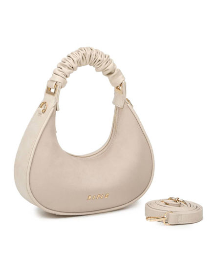Immagine di RIFLE - Borsa a spalla beige con manico arricciato e parte frontale scamosciata, tracolla removibile
