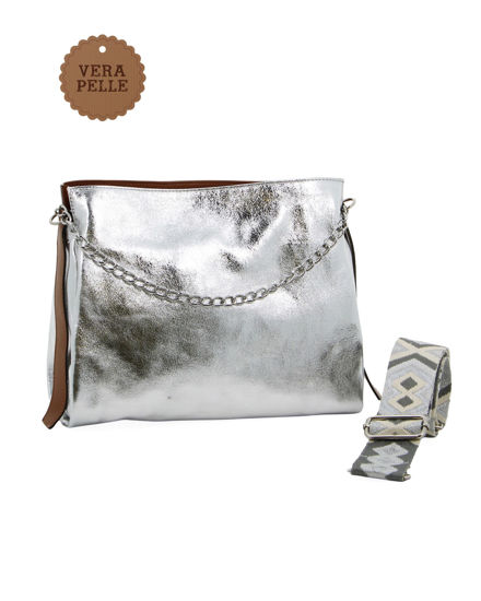 Immagine di DIVAS - Borsa sacca argento in VERA PELLE con tracolla nastro - MADE IN ITALY