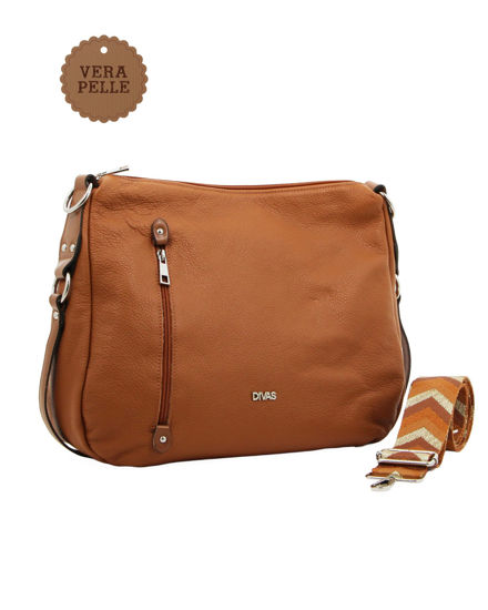 Immagine di DIVAS - Borsa cuoio con tasca frontale e tracolla nastro in VERA PELLE - MADE IN ITALY