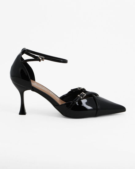 Immagine di MISS GLOBO - Décolleté nera in vernice con sottopiede in VERA PELLE memory foam e cinturini incrociati sulla punta, tacco 7,5CM