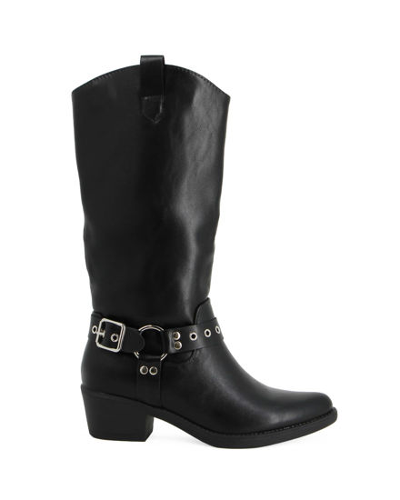 Immagine di ZOE - Stivale texano nero con zip laterale e cinturino con fibbia, tacco 5CM