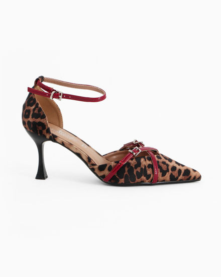 Immagine di MISS GLOBO - Décolleté leopardata in raso con sottopiede in VERA PELLE memory foam e cinturini bordeaux incrociati sulla punta, tacco 7,5CM