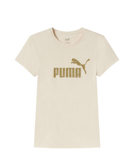 Immagine di PUMA - T-SHIRT ESS+ GLITTER BIG LOGO BEIGE CON LOGO ORO DA DONNA- 682100-87