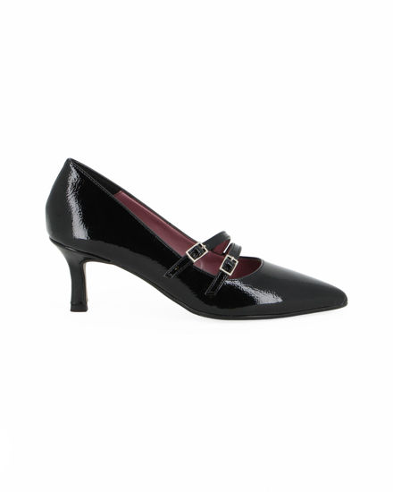 Immagine di MISS GLOBO - Décolleté nera in vernice con sottopiede in VERA PELLE e cinturini frontali, tacco 6,5CM - MADE IN ITALY