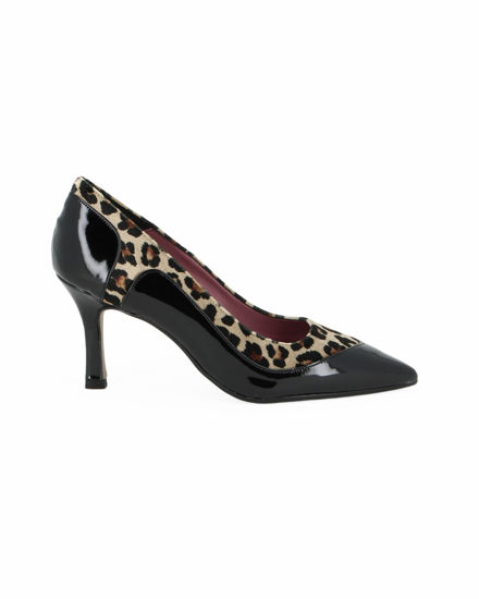 Immagine di MISS GLOBO - Décolleté nera in vernice con inserti leopardati e sottopiede in VERA PELLE, tacco 7,5CM - MADE IN ITALY