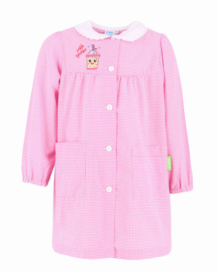 Immagine di SIGGI - Grembiule asilo rosa a quadretti da bimba con due tasche frontali e graffetta in omaggio, certificazione OEKO TEX