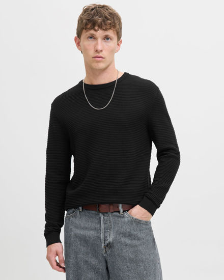 Immagine di JACK&JONES - PULLOVER NERO GIROCOLLO DA UOMO A COSTINE ORIZZONTALI