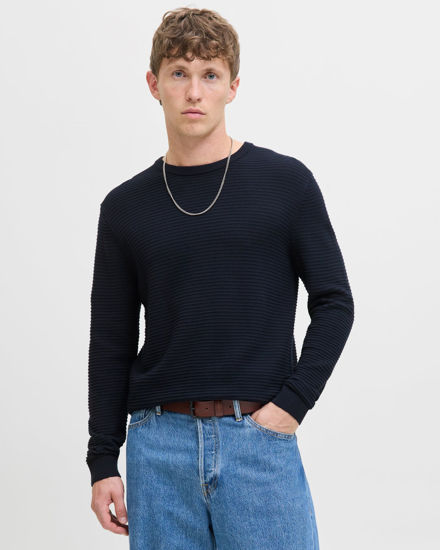 Immagine di JACK&JONES - PULLOVER GIROCOLLO BLU SCURO DA UOMO A COSTINE ORIZZONTALI