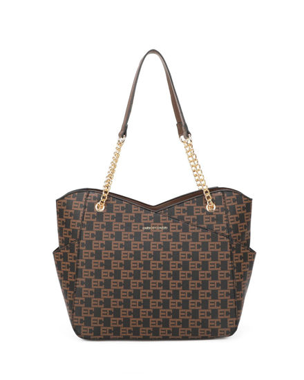 Immagine di ENRICO COVERI - Borsa shopping loggata nera/cuoio con tasche laterali e manici con catena