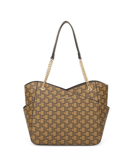 Immagine di ENRICO COVERI - Borsa shopping loggata taupe con tasche laterali e manici con catena